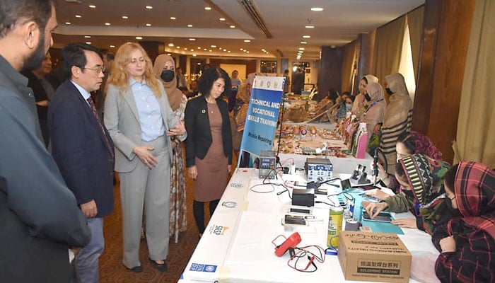 Van Nguyen, Deputy Resident Representative, UNDP Pakistan viewing skills during a market-driven vocational and technical skills training programme organised by the Government of Japan, the UNDP and Sarhad Rural Support Programme on November 21, 2024. — INP