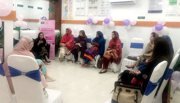 A participant delivers a lecture during Women Entrepreneurship Day 2024, celebrated by the Bank of Khyber (BoK) on November 20, 2024. — Facebook@BankofKhyber