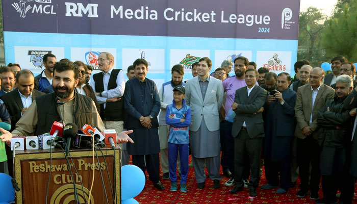 KP Minister for Sports Syed Fakhar Jehan addresses during the award-distribution ceremony organised by Peshawar Press Club on November 21, 2024. — PPI