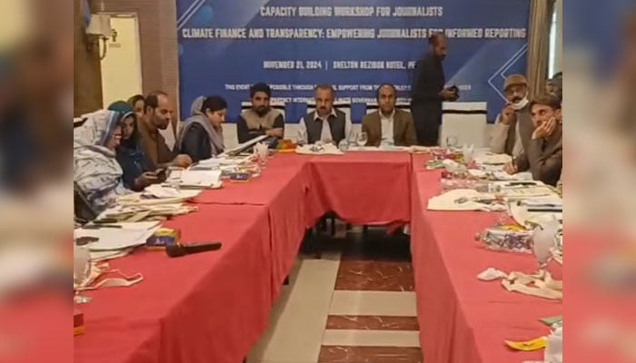 Participants attend a workshop titled “Intersection of Climate Policy and Journalism: Empowering Journalists for Informed Reporting” on November 21, 2024. — Screengrab via Facebook@TransparencyInternational.Pakistan