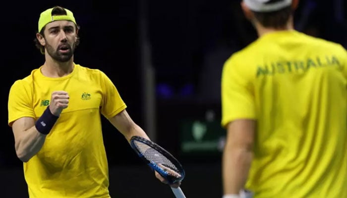 Matthew Ebden and Jordan Thompson (left) of Team Australia celebrating after defeating the USA to reach the Davis Cup semi-finals. — AFP/File