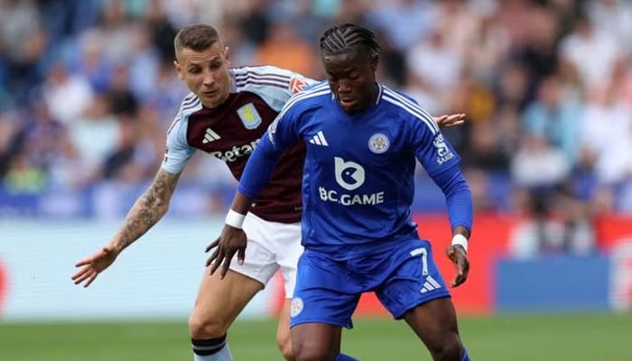 Leicester Citys Abdul Fatawu (right) in action with Aston Villas Lucas Digne. — Reuters/File