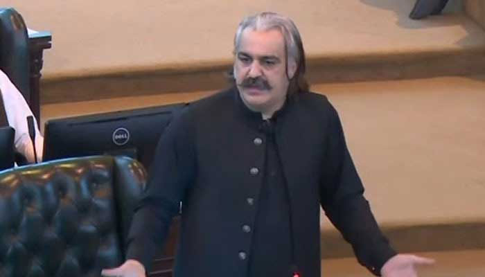 Khyber Pakhtunkhwa Chief Minister Ali Amin Gandapur addressing a session of KP Assembly, Peshawar, on October 8, 2024. — Screengrab via Geo News