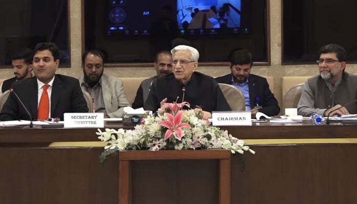 Chairman Standing Committee on Law and Justice Chaudhry Mahmood Bashir Virk presides over a meeting at Parliament House on November 21, 2024. — Screengrab via Facebook@NationalAssemblyOfPakistan