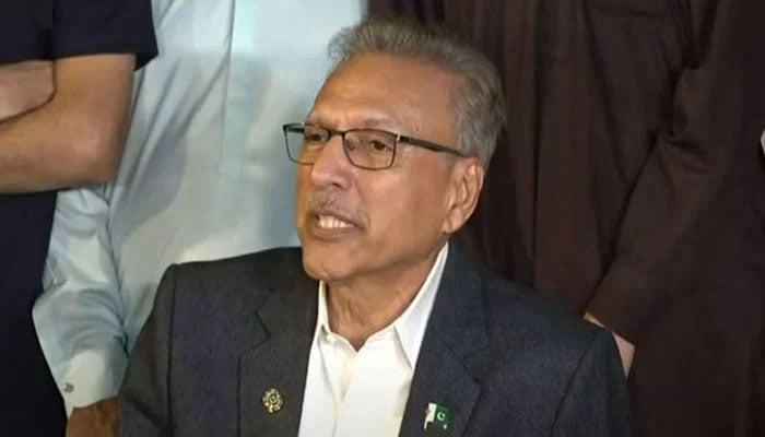 Former president Arif Alvi speaks to journalists in Karachi on March 10, 2024, in this screengrab taken from a video. — Screengrab via YouTube/Geo News