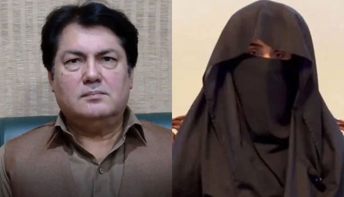 This combo of images shows the spokesman for the KP government and Adviser to the CM on Information, Barrister Muhammad Ali Saif (left) and the wife of Pakistan Tehreek-e-Insaf (PTI) founder Bushra Bibi. — Barrister Muhammad Ali Saifs website/ X@PTIofficial/File