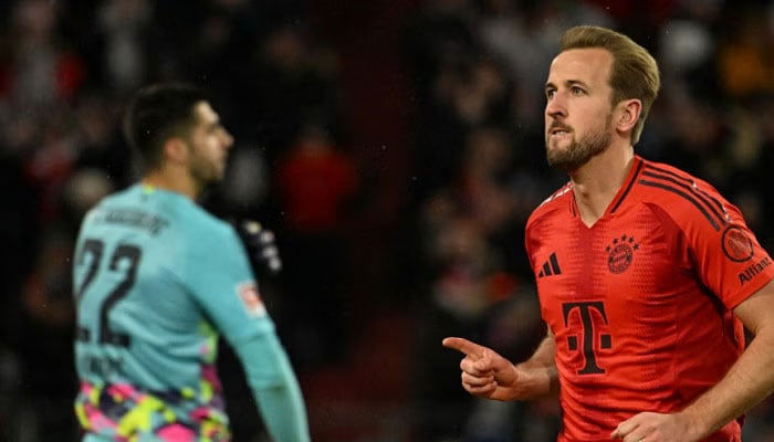 Bayern Munichs English forward Harry Kane celebrates scoring the opening goal from the penalty spot past Augsburgs Croatian goalkeeper Nediljko Labrovic during Bundesliga game in Munich on November 22, 2024. — AFP