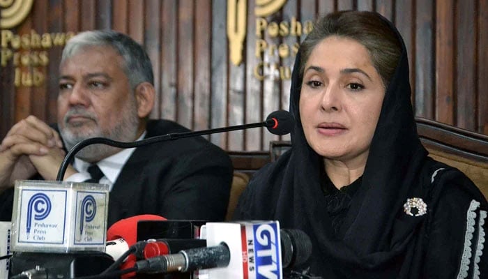 Tehreek-e-Insaf (PTI) leader, MNA Shandana Gulzar Khan along with others addresses media persons during a press conference at Peshawar press club on October 8, 2024. — PPI