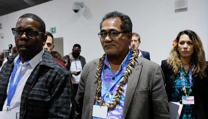 Samoan Environment Minister Toeolesulusulu Cedric Schuster (right) attends the COP29 United Nations Climate Change Conference, in Baku, Azerbaijan on November 23, 2024. — Reuters