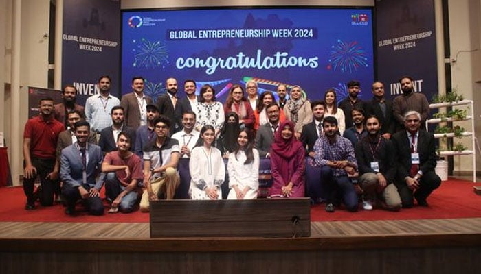 A group photo from the IBA Karachi’s Centre for Entrepreneurial Development (IBA-CED) Global Entrepreneurship Week (GEW) 2024 on November 23, 2024.— Facebook@IBA.CED