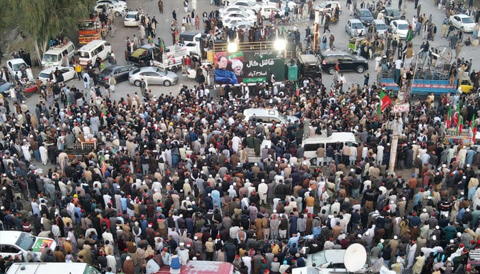 PTI workers gather during a protest demanding party founder Imran Khans release, in Swabi, Khyber Pakhtunkhwa on November 24, 2024. — AFP