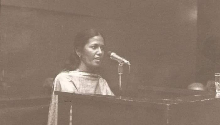 An icon of leftist politics and progressive movement in Pakistan, Saeeda Gazdar seen addressing an event in this undated image.— Facebook@LeftPak92/file