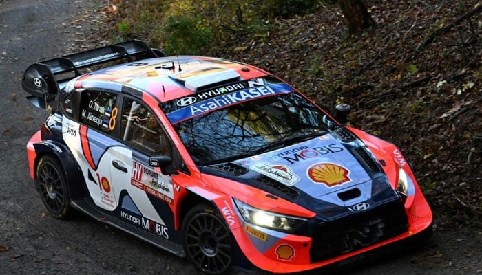 Thierry Neuville and his co-driver, Martijn Wydaeghe, drive their Hyundai during Rally Japan, the final event of the World Rally Championships, in Ena, Gifu Prefecture.— AFP/file