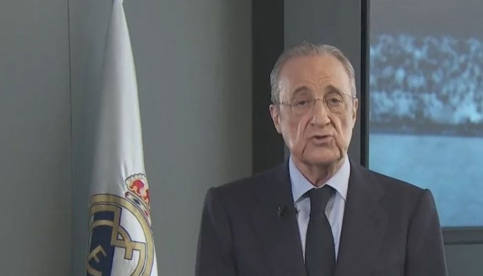 Real Madrid chief Florentino Perez talking to media. — AFP/file