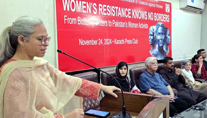 HBWWF General Secretary, Zahra Khan addresses during seminar on Women Resistance Knows No Borders organized by Home Based Women Workers Federation Pakistan at Karachi Press Club on November 24, 2024. — PPI