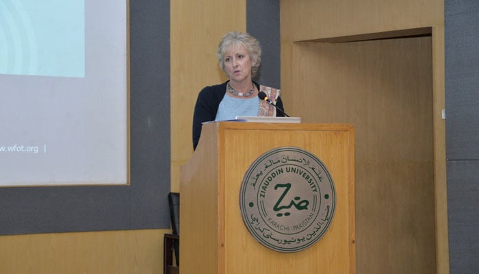 WFOT President Samantha Shann addresses as the chief guest at the 1st International and 2nd National ‘Pakistan Occupational Therapy Conference’ at the Ziauddin University on November 22, 2024. — Facebook@zuedu