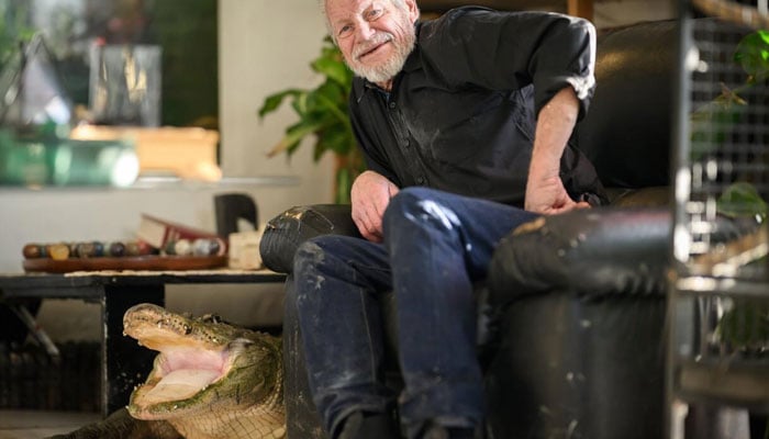 Reptile expert Philippe Gillet and his alligator Gator watch some television. — AFP/file