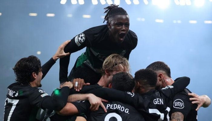 Sporting Lisbons players celebrate after Swedish forward Viktor Gyokeres scored against Manchester City. — AFP/File