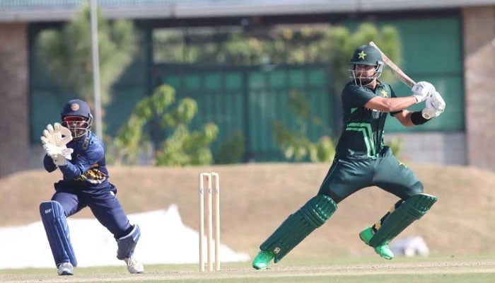 Pakistan Shaheens Haider Ali plays a shot during the first One-Day against Sri Lanka on November 25, 2024. — PCB