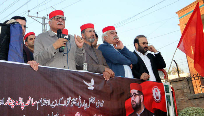 ANP Provincial President Mian Iftikhar Hussain addresses the protest rally in front of Peshawar Press Club on November 25, 2024. — PPI