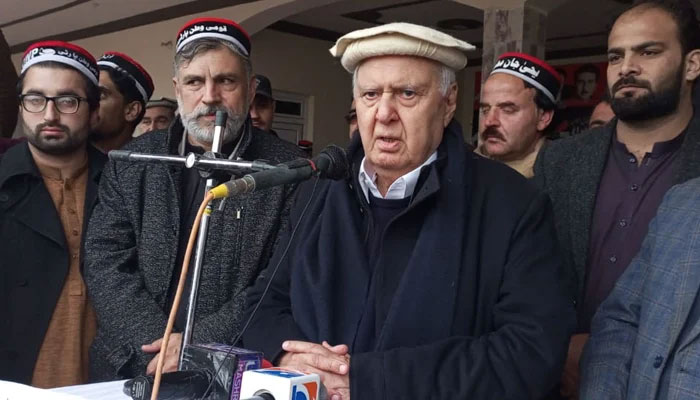 Qaumi Watan Party (QWP) Chairman Aftab Ahmad Khan Sherpao addresses a gathering in Charsadda on January 31, 2024. — Facebook@AftabSherpao.Official