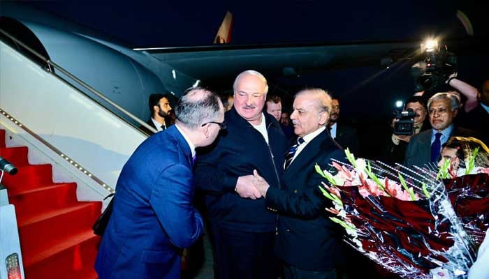 Prime Minister Shehbaz Sharif receives visiting President of Belarus Aleksandr Lukashenko at Nur Khan Airbase, Islamabad, November 25, 2024. — X@CMShehbaz