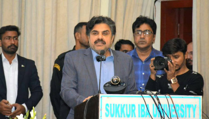 Sindh Minister for Energy, Planning, and Development Syed Nasir Hussain Shah speaks during a ceremony of the first OGDCL National Case Writing Competition at IBA University Sukkur on November 25, 2024. — Facebook@SNasirHussainshah