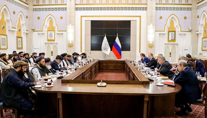 This handout photograph taken on November 25, 2024 and released by the Taliban deputy prime minister for economic affairs office shows Afghanistans delegation (left) headed by their deputy prime minister for Economic Affairs Abdul Ghani Baradar attending a bilateral meeting with the Russian delegation headed by the secretary of Russias Security Council Sergei Shoigu at the Chahar Chinar Palace in Kabul. — AFP