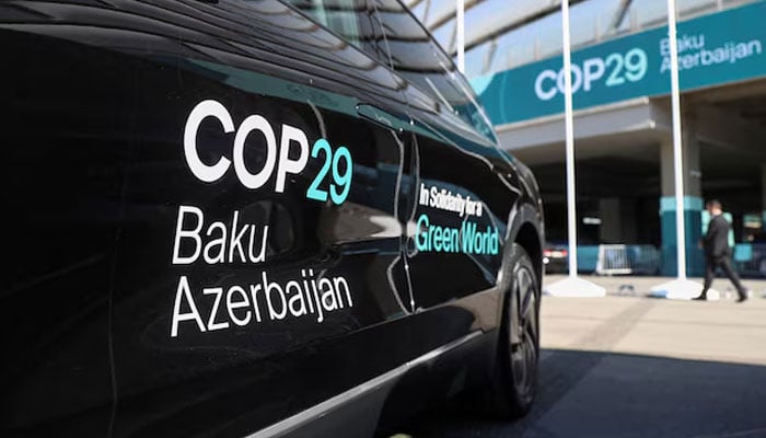 A car is parked at the venue of the United Nations climate change conference, known as COP29, during a media tour ahead of the summit beginning in Baku, Azerbaijan on November 8, 2024.— Reuters