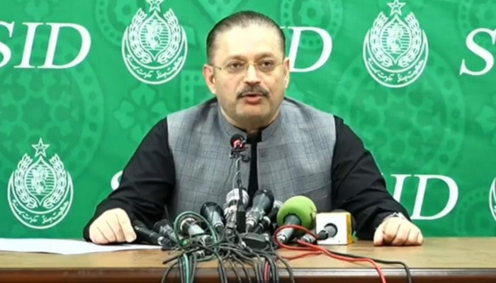 Sindh Senior Minister Sharjeel Inam Memon addresses a press conference on November 25, 2024. — Screengrab via Facebook@SharjeelInamMemon63