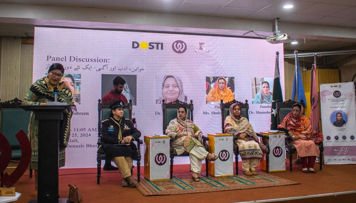 Participant speaks during the Women’s Literature Festival at the Shaheed Benazir Bhutto Women University (SBBWU), Peshawar on November 25, 2024. — Facebook@dostiedupk