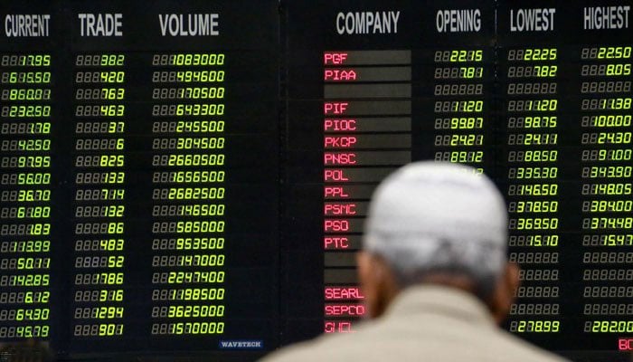 Pakistani trader stands beneath an electronic board displaying share prices at the Pakistani Stock Exchange (PSX). — INP/File