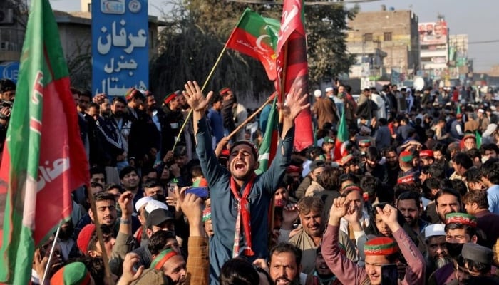 Supporters of Pakistan Tehreek-e-Insaf (PTI) attend a protest in Peshawar on February 10, 2024. —Reuters