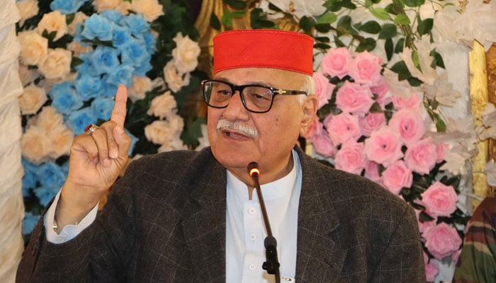 Awami National Party (ANP) provincial president Mian Iftikhar Hussain speaks at a meeting of the ANP at Nowshera on November 27, 2024. — Facebook@ANPMarkaz