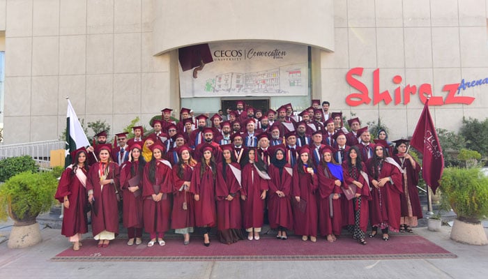 Prof Dr M Qasim Jan, former minister for Higher Education in a group photo with students at the convocation of the CECOS University on November 27, 2024. — Facebook@cecosofficial