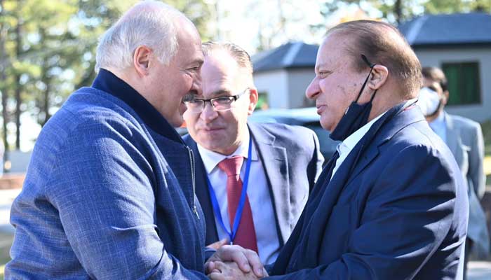 PML-N President Nawaz Sharif (right) meets Belarus President Aleksandr Lukashenko on November 27, 2024. — Facebook@pml.n.official