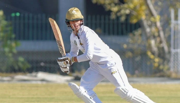 Sialkots Azan Awais plays a shot during QEAT triangular stage fixture against Peshawar on November 28, 2024. — PCB