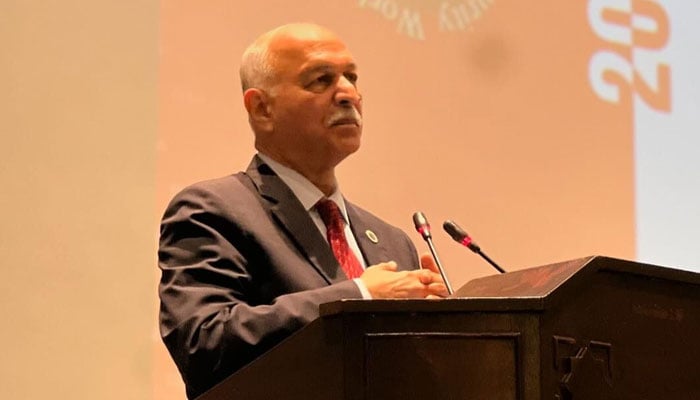 Former Senator Mushahid Hussain Syed addresses at an event on November 14, 2024. — Facebook@senatormushahidhussain