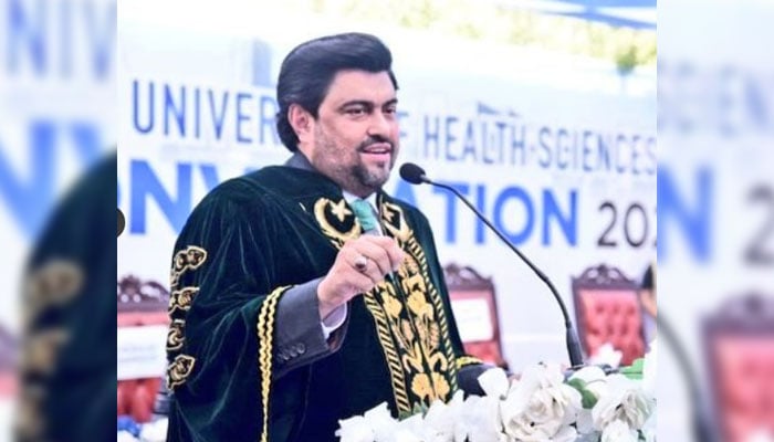 Sindh Governor and Dow University of Health Sciences (DUHS) Chancellor Kamran Tessori addresses the 14th Convocation of Dow University on November 28, 2024. — X@KamranTessoriPk