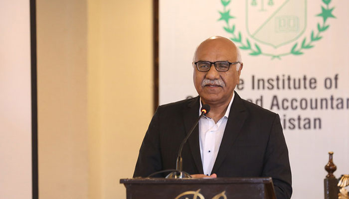 Pakistani philanthropist Dr Amjad Saqib speaks during the Capacity Building Session on Sustainability Disclosures and Reporting in Lahore on May 8, 2023. —X@icapofficial