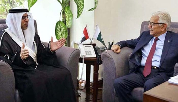 Hamad Obaid Ibrahim Salem Al Zaabi (left) Ambassador of the United Arab Emirates (UAE) can be seen sitting with Minister for Defence, Khawaja Muhammad Asif. — APP/File