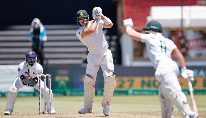 South Africa´s Tristan Stubbs (centre) plays a shot during the third day of the first Test cricket match between South Africa and Sri Lanka at the Kingsmead stadium in Durban on November 29, 2024. — AFP