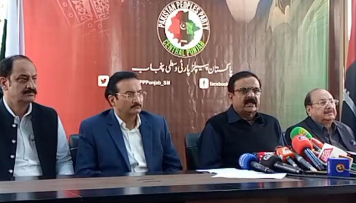 PPP Central Punjab General Secretary Syed Hassan Murtaza (2nd right) addresses a press conference on November 29, 2024. — Screengrab via Facebook@Hassan Murtaza