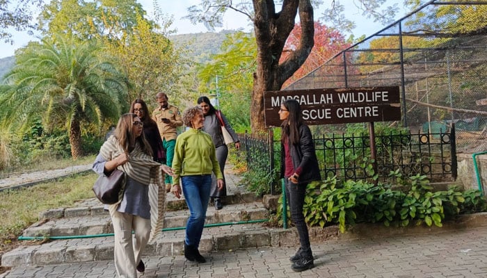 Canadian High Commissioner to Pakistan Leslie Scanlon (centre) visits the Islamabad Wildlife Management Boards Rescue and Rehabilitation Centre on November 28, 2024. — Facebook@IWMBMHNP