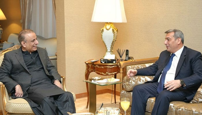 Federal Minister for Privatization, Board of Investment, and Communications Abdul Aleem Khan (left) and Azerbaijani Ambassador to Pakistan Khazar Farhadov on November 30, 2024 discussing on their bilateral ties through joint projects and enhanced trade partnerships, with practical measures set to commence soon. — State media