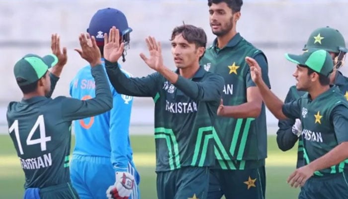 Pakistan U-19 players celebrating after winning a match against India at Dubai International Cricket Stadium on Saturday November 30, 2024. — X@TheRealPCB