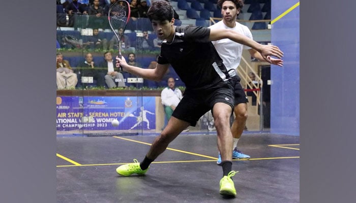 Pakistans Noor Zaman takes a shot during the Chief of the Air Staff-Serena Hotels International Squash Championship at Mushaf Squash Complex on December 3, 2023. — X/@Noorzaman2004