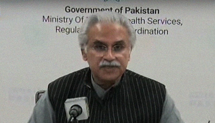 Former Special Assistant to Prime Minister on Health Dr Zafar Mirza addresses a press conference in Islamabad, Pakistan, March 22, 2020. — Screenshot via Geo News