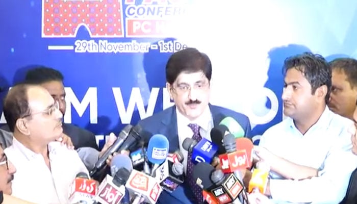 Sindh Chief Minister Syed Murad Ali Shah talks to the media at a local on November 30, 2024.— Facebook@SindhCMHouse