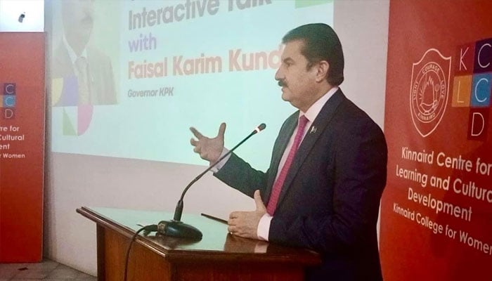 Governor of Khyber Pakhtunkhwa (KP) Faisal Karim Kundi addressing a a session at Kinnaird College for Women University on November 9, 2024.— Facebook@FaisalKarimKundi